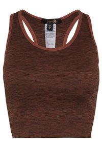 Bruine gebreide crop top met brede bandjes, voorzien van een geribbelde structuur en een donkere contrasterende rand langs de halslijn en armsgaten.