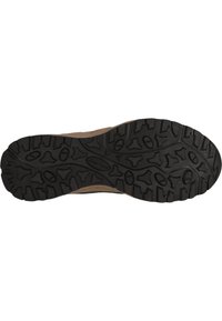 Suela de zapato de goma negra con un patrón de dibujo profundo, que presenta formas de contorno y un acento blanco roto a lo largo del borde para mayor tracción.