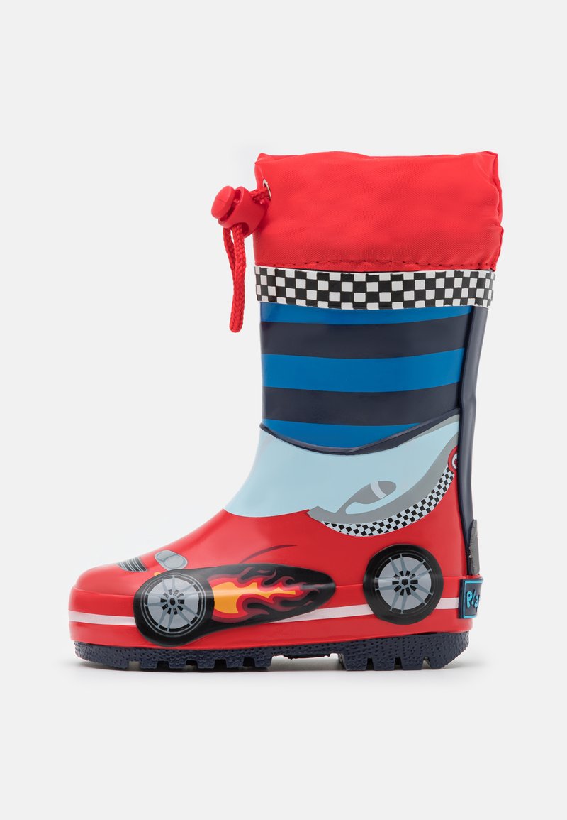 Red rubber rain boot with a blue and black striped design, featuring a racing car graphic, flame accents, and a drawstring top.