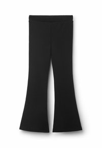 Schwarze, ausgestellte Hose aus elastischem Material, mit einem glatten Bund und einer fließenden Silhouette, die am Saum ausläuft.