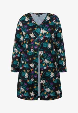 Sweter kardigan w kwiatowy wzór na czarnym tle, z jaskrawymi zielonymi, fioletowymi i żółtymi kwiatami. Projekt z dekoltem w serek i zapięciem na guziki. Długie rękawy.