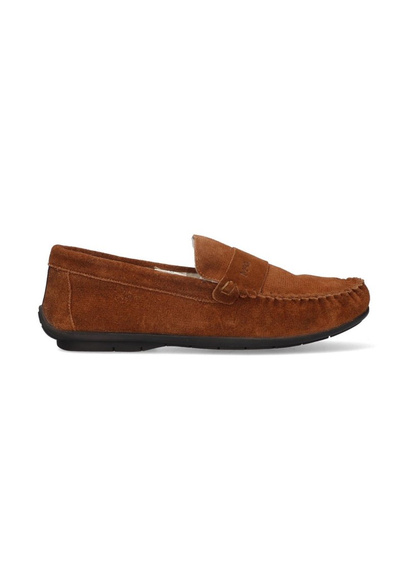 Brune ruskinds loafers i mokkasinstil, med en rund tå, stikninger og en fleksibel sort gummisål.