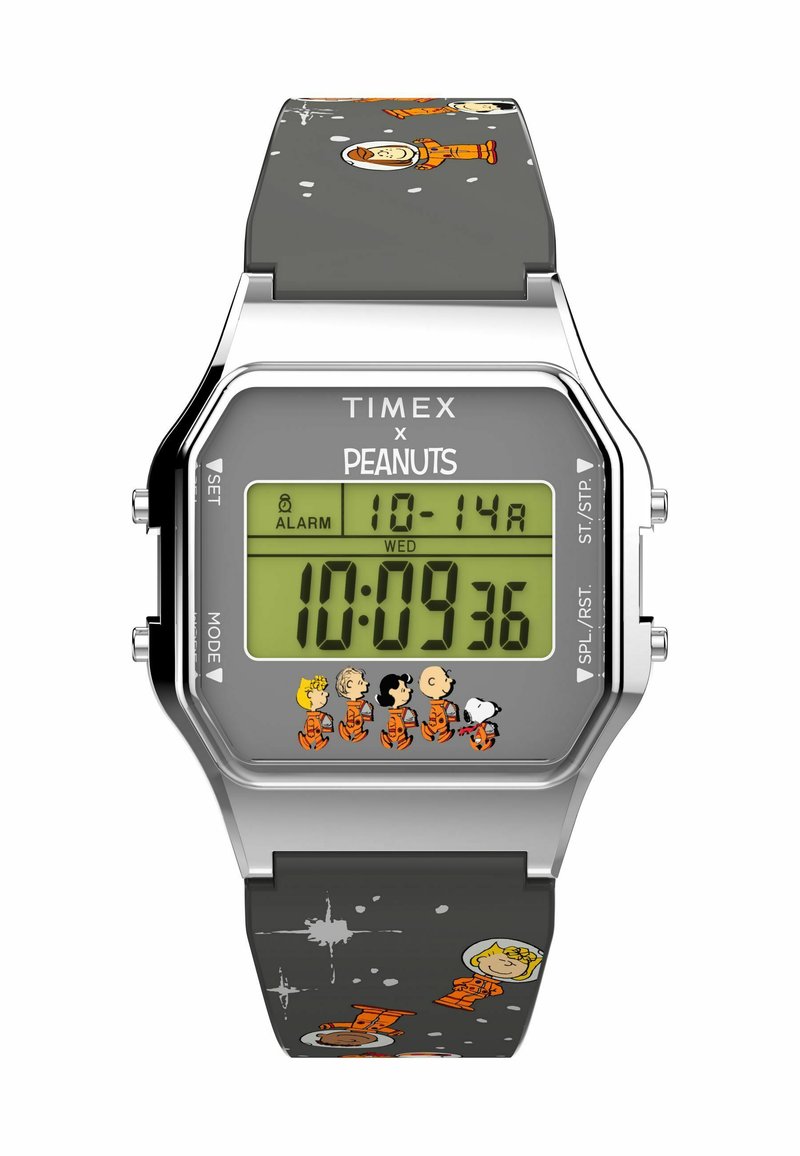 Orologio digitale con cassa argentata e cinturino in silicone grigio, che presenta Snoopy e i personaggi dei Peanuts in tute spaziali arancioni su uno sfondo stellato.
