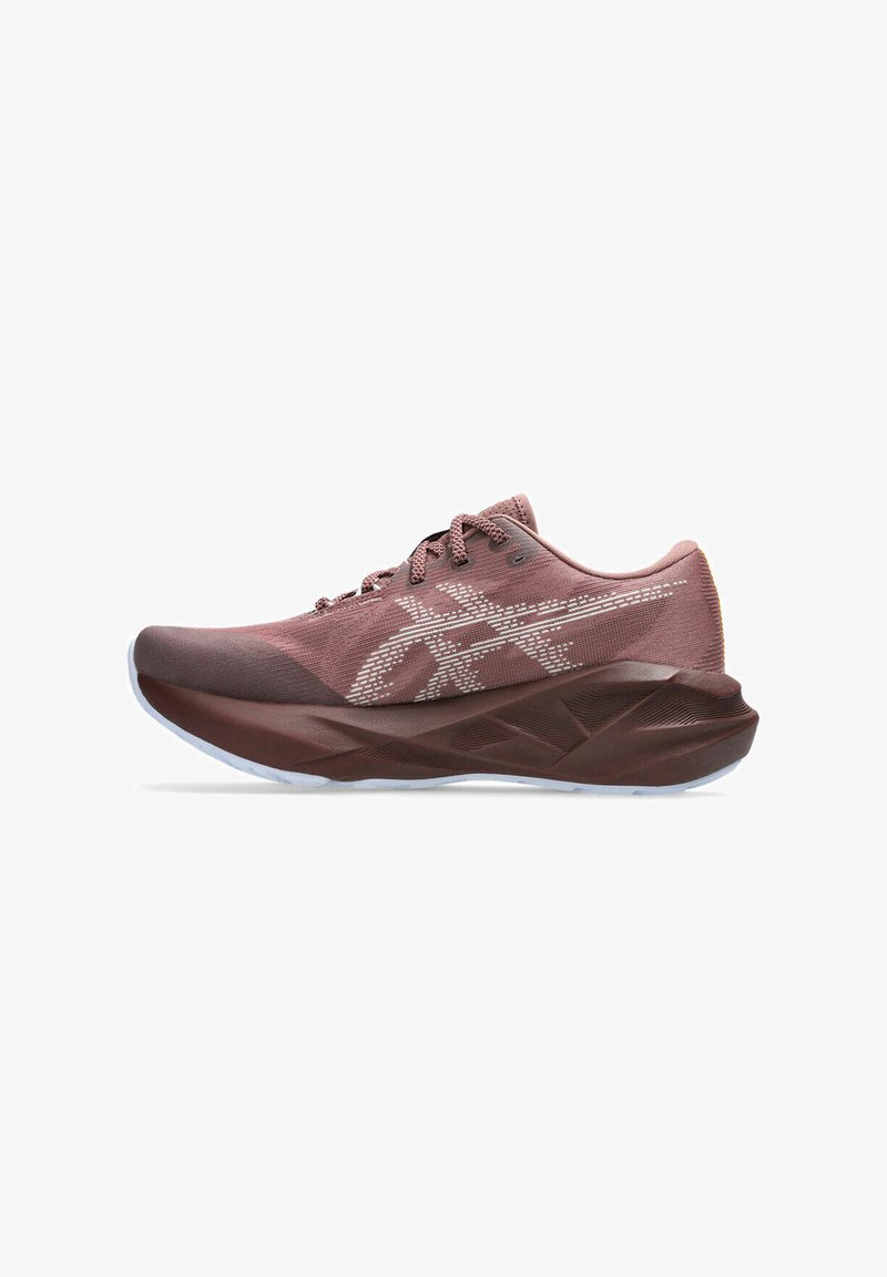 Running shoes with a maroon and grey mesh upper, sleek design, cushioned sole, and reflective accents. Rubber outsole for traction and durability.