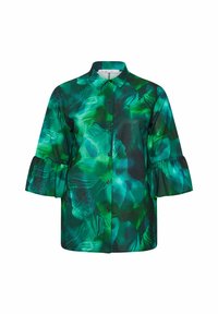 Camisa verde de botones con un diseño de patrón de hojas, mangas cortas con volantes y una tela suave y ligera.
