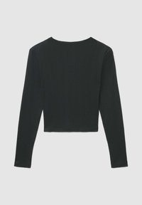 Top noir à manches longues et court, fabriqué en tissu côtelé, doté d'un col rond et d'une silhouette ajustée.