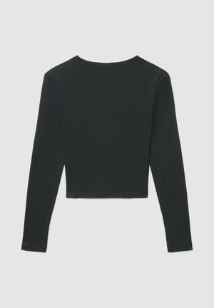 Schwarzes, langärmeliges, kurz geschnittenes Oberteil aus Rippstoff mit rundem Ausschnitt und figurbetonter Passform.