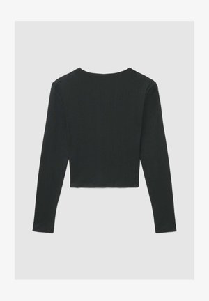 Schwarzes, langärmeliges, kurz geschnittenes Oberteil aus Rippstoff mit rundem Ausschnitt und figurbetonter Passform.
