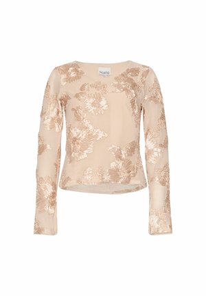 Blus med långa ärmar i en beige transparent tyg, prydd med upphöjd blommig broderi i mjuka rosa nyanser, med rundad halsringning och rak nederkant.