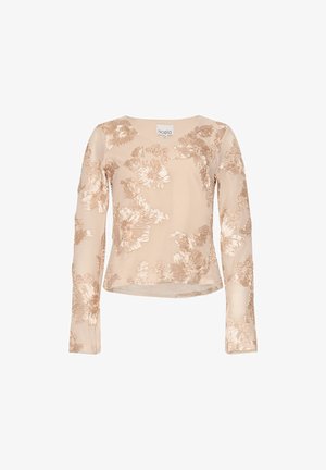Ilga rankovė blouse, pagaminta iš smėlinės skaidraus audinio, papuošta iškiliu gėlių siuvinėjimu švelnių rožinių atspalvių, su apvaliu kaklu ir tiesiu apačia.