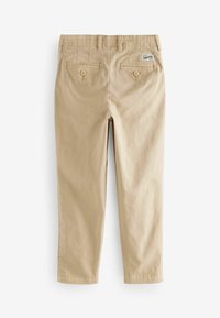 Beige Baumwollhose mit zwei Gesäßtaschen, die mit Knöpfen verschlossen werden. Gerades Bein Design mit glatter Textur und sauberen Säumen.