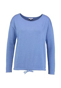 Ljusblå långärmad tröja med rund halsringning, ribbade ärmslut och dragsko i nederkanten. Tyget verkar mjukt och stickat.