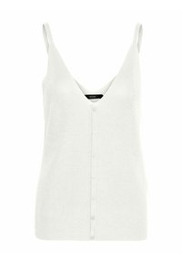 Top senza maniche lavorato a maglia bianco con scollatura a V profonda e chiusura a bottone sul davanti. Il tessuto ha una consistenza morbida e spalline regolabili.