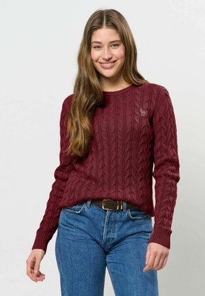 Junge Frau mit langen braunen Haaren lächelt, trägt einen kastanienbraunen Zopfpullover und blaue Jeans mit braunem Gürtel vor einem schlichten Hintergrund.