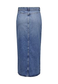 Jeanskjol i medelblått med rak skärning, sömdekoration, midjeband och en slits bak för ökad rörelsefrihet.