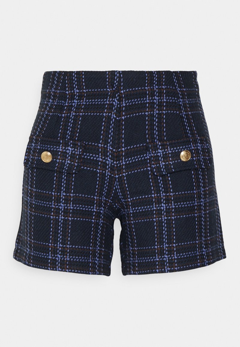 Shorts à carreaux bleu foncé avec des lignes bleu clair et marron, comportant deux poches avant à rabat, chacune fermée par un bouton doré.