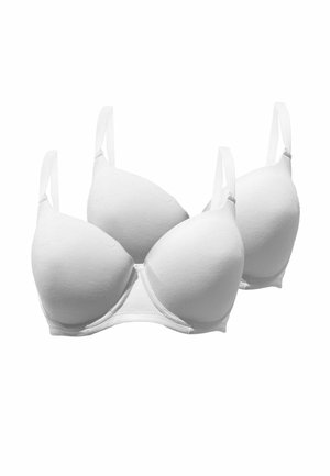 Due reggiseni bianchi con coppe modellate e spalline regolabili, esposti affiancati su uno sfondo bianco semplice.