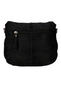 Schwarzlederne Tasche mit runder Form, ausgestattet mit einem oberen Reißverschluss und einer kleinen externen Reißverschlusstasche. Weiche Textur mit matter Oberfläche.