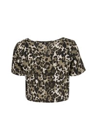 Crop top z texturované látky s leopardím potiskem v tmavě zelené, béžové a černé barvě. Krátké rukávy a široký výstřih.