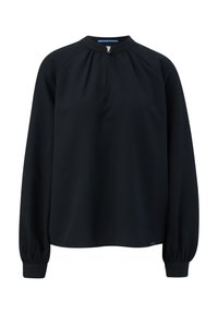 Blouse noire à manches longues avec encolure ronde, détail découpé boutonné, tissu froncé aux épaules et poignets élastiques.