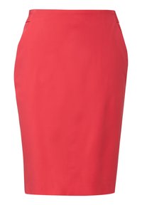 Roter Bleistiftrock mit glatter Textur, figurbetont, knielang, mit zwei seitlichen Taschen und verstecktem Bund.
