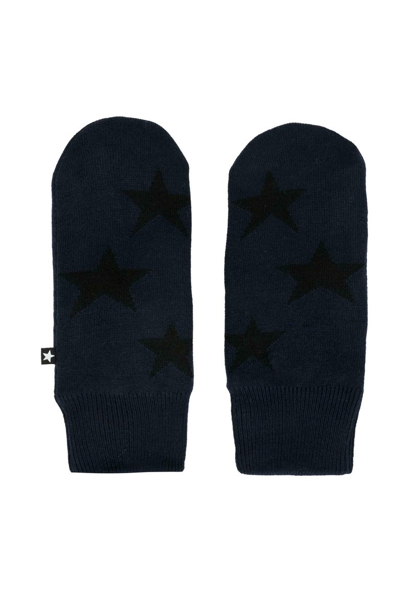 Mittens lavorati a maglia blu con motivi a stella nera e polsini a coste. Piccola etichetta con un logo a stella sul lato.