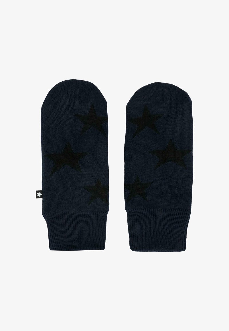 Mittens lavorati a maglia blu con motivi a stella nera e polsini a coste. Piccola etichetta con un logo a stella sul lato.