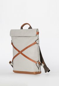 Light gray rectangular backpack with brown leather straps forming an X, brown handle, and bottom trim, standing upright on white background.