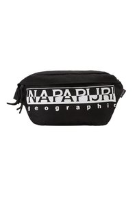 Černý látkový sáček s uzavřením na zip. Obsahuje bílý text "NAPAPIJRI" a štítek "geographic", mírně polstrovaný s kulatým tvarem.