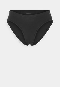 Black cotton high-waisted brief with a smooth texture and elastic waistband. Features seamless sides for a streamlined fit.