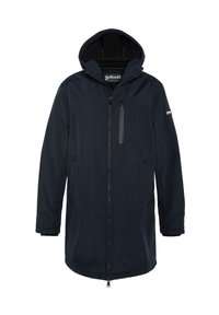 Parka impermeabile di colore blu navy con cappuccio, zip frontale, due tasche laterali e una tasca sul petto con zip verticale. Tessuto morbido con una finitura opaca.
