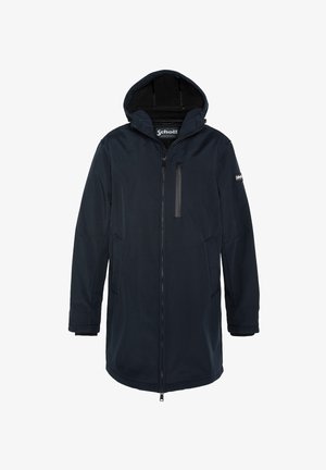 Navyblauer wasserfester Parka mit Kapuze, Frontreißverschluss, zwei Seitentaschen und einer vertikalen Reißverschlusstasche auf der Brust. Glattes Material mit matter Oberfläche.