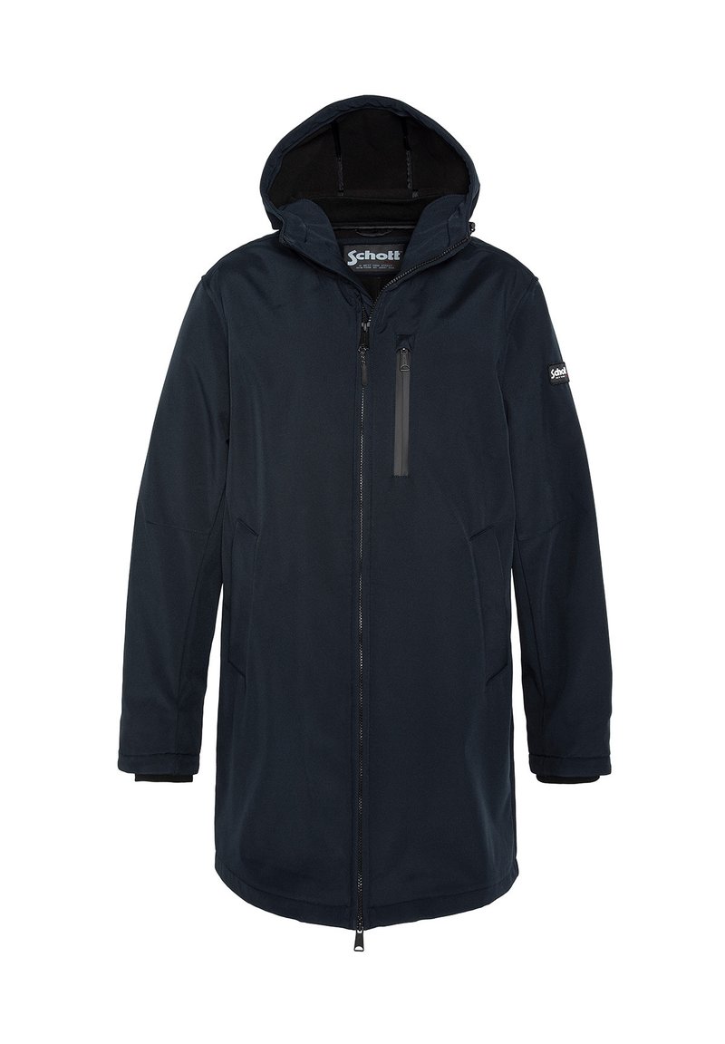 Granatowy wodoodporny parka z kapturem, z przodu na zamek, z dwoma bocznymi kieszeniami i pionową kieszenią na zamek na klatce piersiowej. Gładki materiał o matowym wykończeniu.
