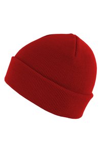 Red knit beanie hat with a folded cuff. Made from soft fabric, featuring a ribbed texture and rounded crown shape.