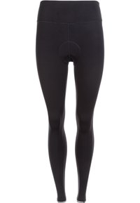 Black leggings with a smooth, stretchy fabric, featuring a high waistband and a circular accent at the front. Form-fitting design.