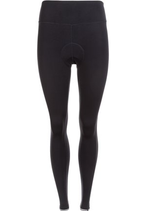 Sorte leggings med et glat, strækbart stof, der har en høj talje og en cirkulær detalje foran. Tæt siddende design.