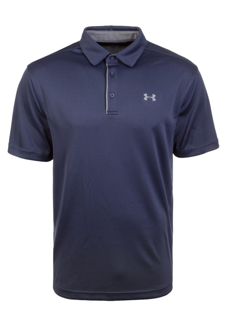 Donkerblauwe poloshirt gemaakt van ademend materiaal, met een drieknoopssluiting, korte mouwen en een lichtgrijze logoaccent op de borst.