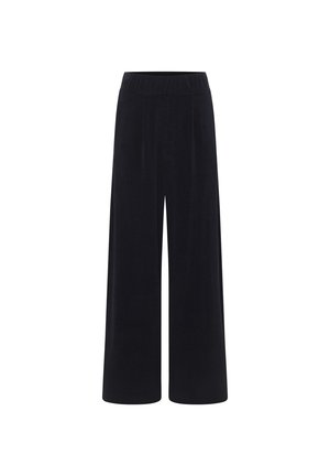 Black wide-leg pants made of soft fabric with an elastic waistband and no visible pockets. Features a smooth texture and a simple design.
