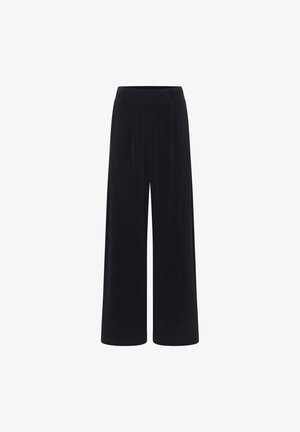 Black wide-leg pants made of soft fabric with an elastic waistband and no visible pockets. Features a smooth texture and a simple design.