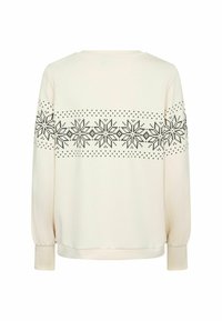 Crème kleurige pullover met een zwart geometrisch sneeuwvlokpatroon over de schouders. Lange mouwen met strakke manchetten, zachte textuur.