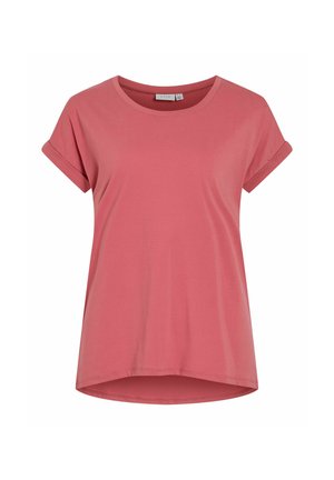 Rózsaszínű rövid ujjú női póló lekerekített nyakkivágással és felhajtott mandzsettával, fehér háttéren bemutatva.