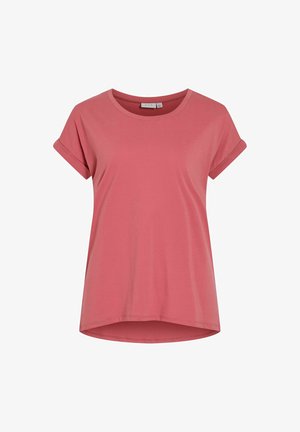 Lühikeste varrukatega tuhmroosa naiste T-särk, pööratud varrukaservade ja ümarate kaelusega, valgel taustal.