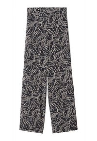 Pantalon noir à jambes larges avec un motif abstrait de feuilles blanches sur l'ensemble et une fente devant à l'ourlet.