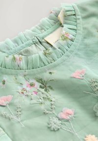 Tessuto trasparente verde chiaro con delicati ricami floreali rosa e verdi e un dettaglio arricciato sul collo.