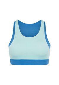 Sistem de suport sportiv albastru cu un decolteu rotund. Realizat dintr-o țesătură netedă și elastică, cu un front albastru deschis și accente albastre mai închise.