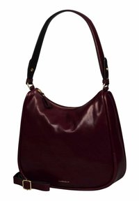 Borsa a spalla in pelle bordeaux con una texture liscia, zip dorata e tracolla removibile. Presenta dettagli in nero sul manico e un logo impresso.