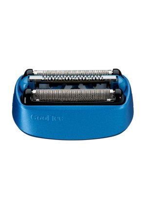 Blauer elektrischer Rasierapparat-Ersatzkopf mit zwei Metallfolienklingen und einem zentralen Trimmer, dargestellt auf weißem Hintergrund.