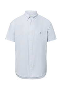 Kortärmige knoopshirt in lichtblauw met witte strepen, voorzien van een borstzak en een afgeronde zoom. Gemaakt van geweven stof.