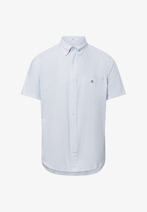 Kortärmige knoopshirt in lichtblauw met witte strepen, voorzien van een borstzak en een afgeronde zoom. Gemaakt van geweven stof.