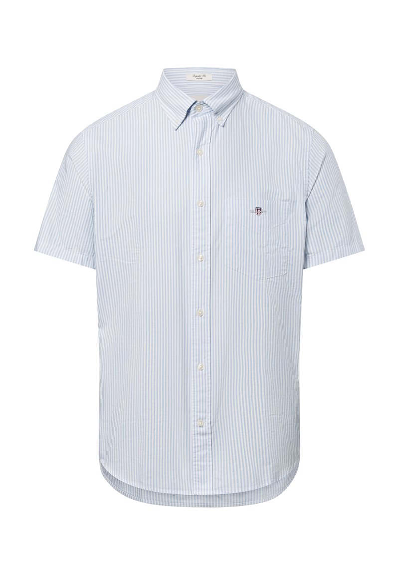 Kortärmige knoopshirt in lichtblauw met witte strepen, voorzien van een borstzak en een afgeronde zoom. Gemaakt van geweven stof.